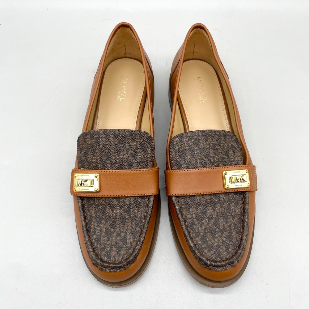 Michael Kors Womens 7.5M Logo Loafers Shoe Brown Gold Preppy Chic Classic Office